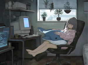 Fata anime care doarme în fața laptopului — Anime laptop Fundal