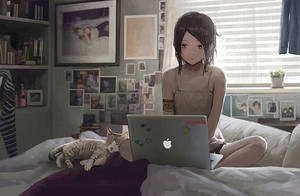 Fată anime care lucrează cu laptopul pe pat — Anime laptop Fundal