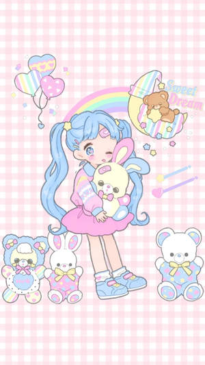 Tapet kawaii cu fată anime curcubeu.