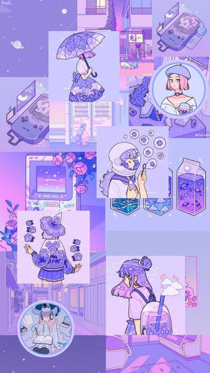 Fond de ecran cu fată anime și elemente pastel mov