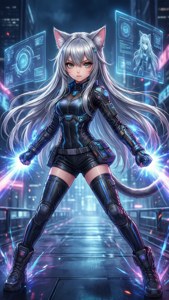 O fată-pisică futuristă într-un oraș cyberpunk — Pisică anime Fundal