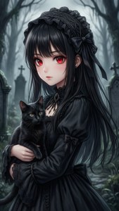 Fată anime gothică drăguță cu o pisică neagră într-un cimitir. — Pfp anime drăguț Fundal
