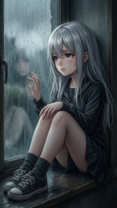 O fată anime tristă stă pe pervazul unei ferestre, privind afară la ploaie, cu mâna atingând sticla. — iPhone 8 Fundal