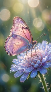 Un fluture delicat roz-pastel și lavandă pe o floare albastră, cu efect bokeh. — Pastel Fundal