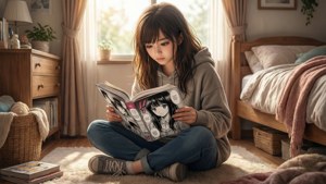 O scenă liniștită cu o fată care se bucură de manga în camera ei. — Manga GIF Fundal