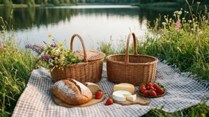 Un picnic senin lângă lac, cu mâncare proaspătă și flori sălbatic imagine de fundal