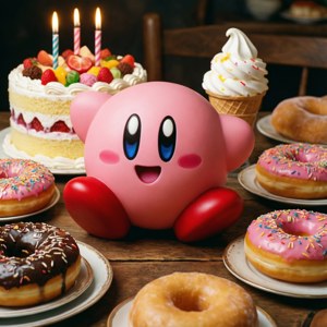 Kirby stă la o masă plină de dulciuri și bunătăți, arătând fericit și mulțumit. — Kirby GIF Fundal