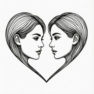 Două fețe în artă lineară creează o siluetă de inimă, estetică minimalistă a iubirii. — Dragoste estetică Fundal