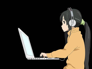 Fetita anime care lucreaza pe laptop alb subtire — Anime laptop Fundal