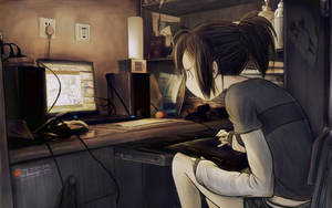 Fetita Anime Confuza în Fața Laptopului — Anime laptop Fundal