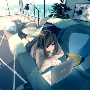 Fetita Anime Culcata Lucrand la Laptop — Anime laptop Fundal