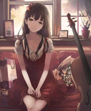 Tapet cu fetită anime drăguță și violoncel — Galaxy Z Fold 5 Fundal