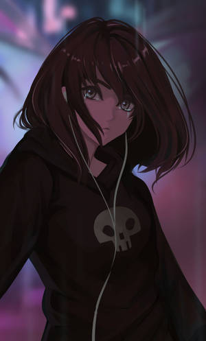 Fetita anime hanorac negru craniu wallpaper — Fată anime hanorac Fundal