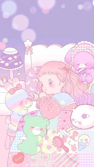 Fetita anime kawaii in pat cu jucarii de plush