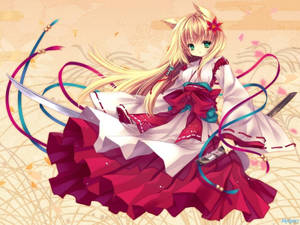Fetita anime kawaii cu urechi de pisica și kimono