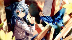 Fetita anime kawaii cu urechi de pisica si fluture