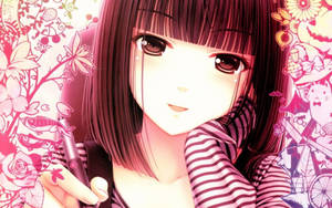 Fetita Anime Kawaii Tinand Un Stilou Cu Doodle-uri