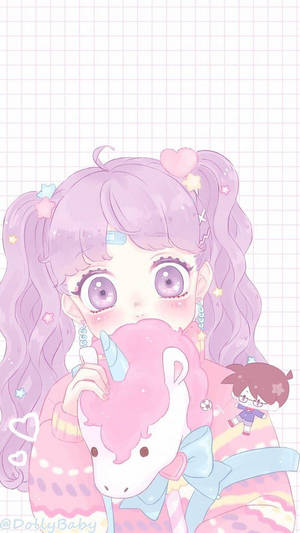 Fetita anime kawaii cu unicorn de plush