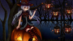 Fond de ecran fetita de Halloween desen animat pe dovleac