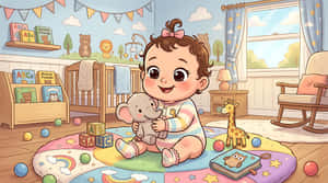 bebeluș, creșă, desen animat, ilustrație, copil, cameră, interior, drăguț, jucării, sugar, copil mic, cameră de joacă, pastel, personaj, animal de pluș, elefant, pătuț, cuburi, design, fundal