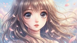 Un portret impresionant în stil manga al unei fete cu petale.