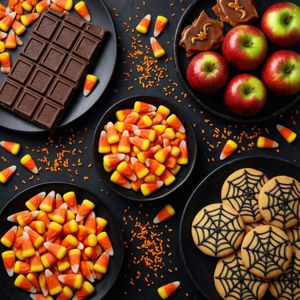 Flat lay colorat cu bomboane și fursecuri de Halloween pe fond negru — Atmosferă de Halloween Fundal