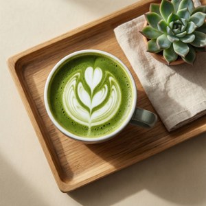 Vedere de sus a unui latte matcha și a unei suculente în tonuri neutre. — Pixel Watch 4 Fundal