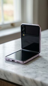 Z Flip 5 minimalist odihnindu-se pe marmură, cu iluminare pastelată moale
