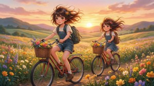 Copii anime pedalând printr-un câmp vibrant de flori la apus — Anime copii Fundal