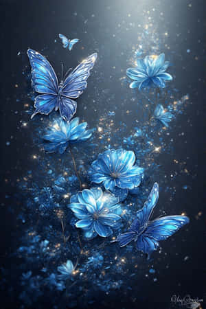 flori albastre, fluturi luminescenți, artă vectorială, frumos, natură, magic, fundal — iPhone 4 Fundal