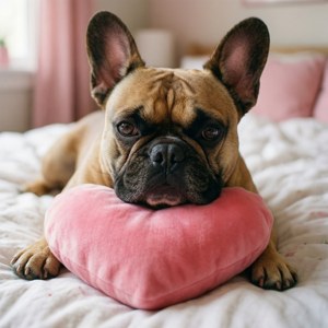 Dulce Bulldog Francez cu o pernă în formă de inimă, wallpaper iubitor și tandru — Huawei nova Flip Fundal