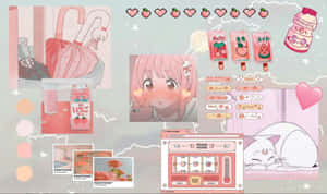 Fundal Kawaii Roz Adorabil cu Personaje și Elemente Drăguțe