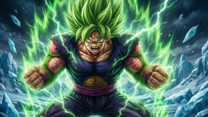 O reprezentare dramatică a lui Broly în forma sa de Super Saiyan Legendary, emanând putere în mijlocul gheții și distrugerii. — Dragon Ball Super Broly Fundal