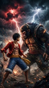 Luffy în Gear Fourth luptându-se cu Kaido sub un cer furtunos. — iPhone 7 Fundal