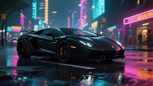 Lamborghini Aventador negru într-un oraș iluminat cu neon noaptea