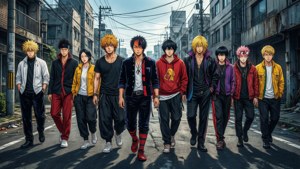 Banda Tokyo Revengers mărșăluiește împreună. imagine de fundal