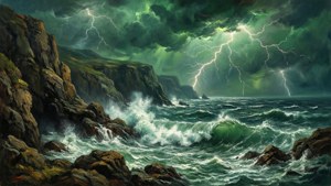 O scenă oceanică furtunoasă cu stânci și fulgere sub un cer verde dramatic. — Cer verde Fundal