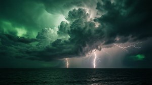 Furtună dramatică cu cer verde și fulger deasupra oceanului întunecat — Cer verde Fundal
