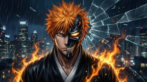 Ichigo întunecat cu masca hollow într-un stil de sticlă spartă. — Anime negru Fundal