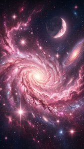 O galaxie pastel roz, visătoare, cu stele și o semilună. — Roz pastel Fundal