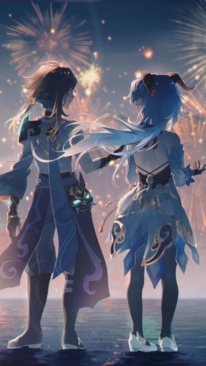 Ganyu și Ayato Genshin Impact Telefon — Genshin impact telefon Fundal