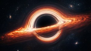 Gaură neagră cu disc de acreție luminos și efect de lentilă gravitațională — Spațiu Fundal