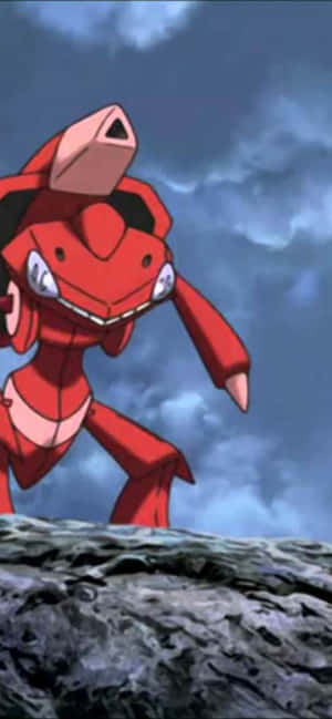 Genesect Roșu Pokémon Stând Pe Piatră — Oppo Reno16 Fundal