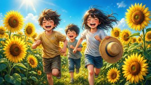 Copii anime jucându-se într-un câmp cu floarea-soarelui într-o zi strălucitoare de vară. — Anime copii Fundal