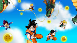 Dragon Ball Z super broly San Goku și Vegeta cu dragonul verde Shenron plutind cu bilele dragonului.