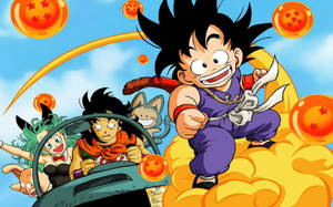 Dragon Ball Z Gohan cu Maron și soțul ei conducând o mașină în timp ce micul Gohan călărește un nor zburător. — Dragon ball z GIF Fundal