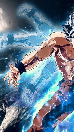 Dragon Ball Super broly San Goku folosindu-și puterile cu fulgere albastre, popularul anime Goku.