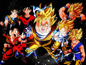 Fundal de perete cu diverse etape Super Saiyan ale lui Goku.