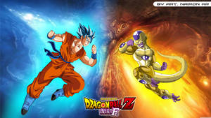 Dragon Ball Z super broly San Goku și Freeza luptându-se într-o peșteră albastră și roșie, super saiyeni în acțiune.