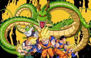 Dragon Ball Z San Goku și alte personaje în modul super saiyan cu Shenron dragonul verde. — Dragon ball super GIF Fundal